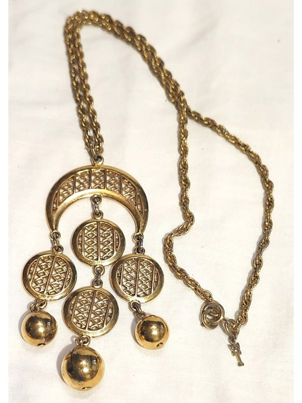 Vintage Gold-Tone Pendant Necklace Filigree Discs & Dangling Beads Crescent Moon